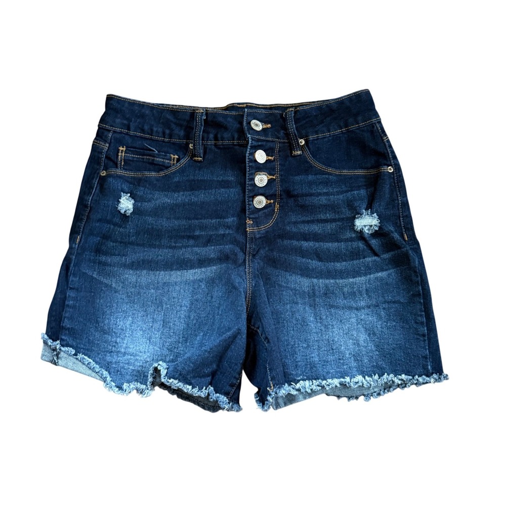 Royalty For Me Womens High Rise Button Fly Distressed Denim Shorts Dark Wash 6